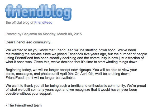 Annuncio chiusura FriendFeed